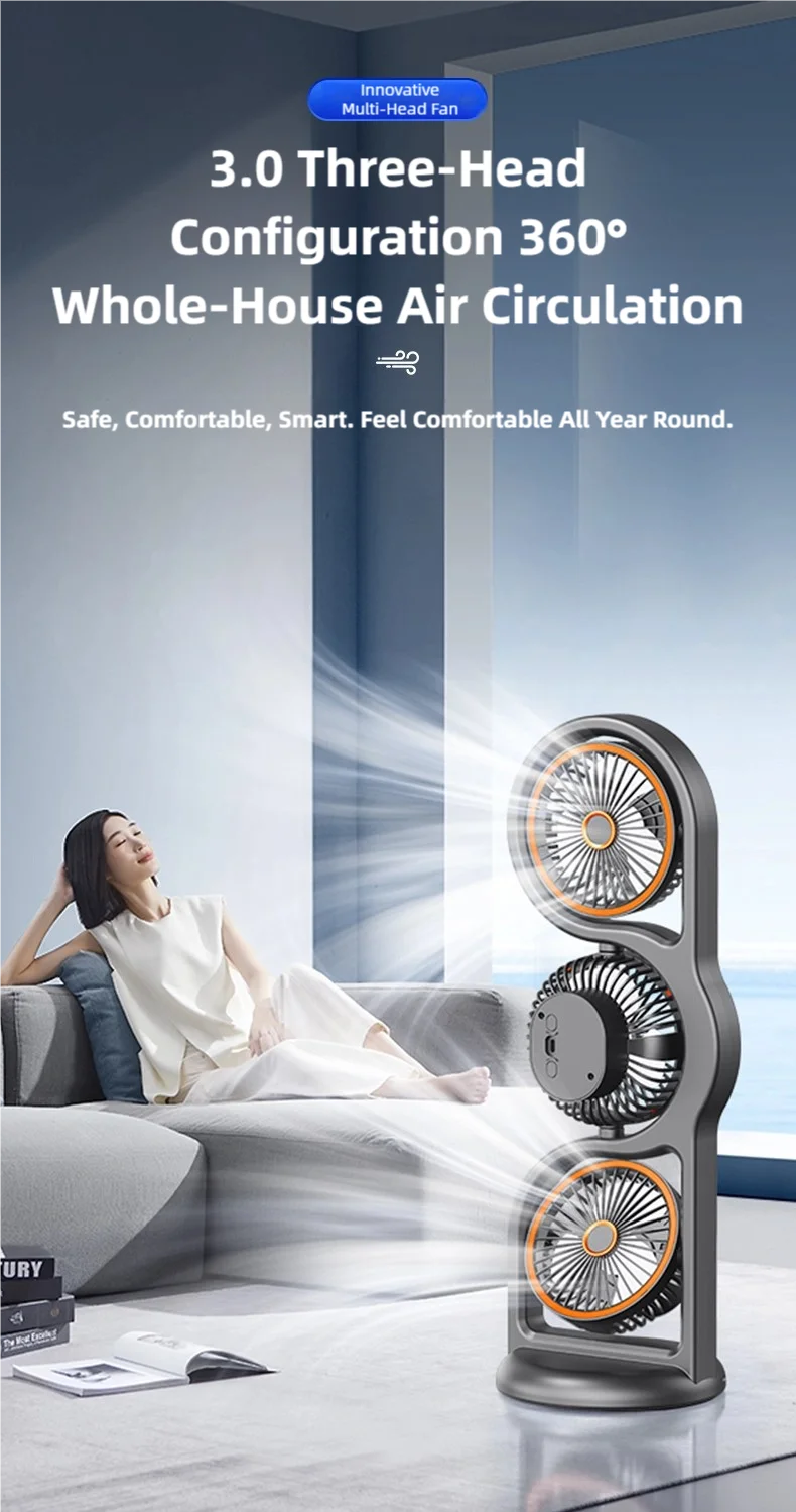 TINSOL Portable Three-Head Fan, 360° Wind Direction Adjustment, Five-Speed Wind, Dormitory and Outdoor Desktop Fan
