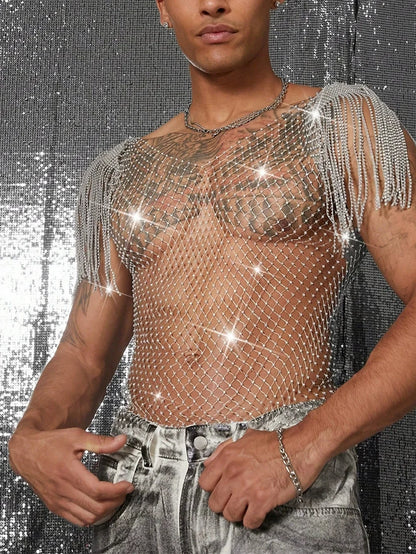 Tank Tops Shiny Rhinestone Fishnet Hollow Out Top Men Mesh See Through Tassel T-Shirt Man Party Clubwear Transparent Vest
