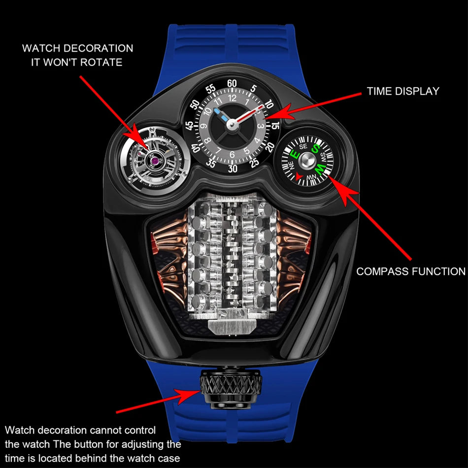 PINDU Design NEW Engine Series Quartz Watch Men TOP-luxurious Stainless Steel Compass Waterproof Swiss Quartz 762 Movement Watch