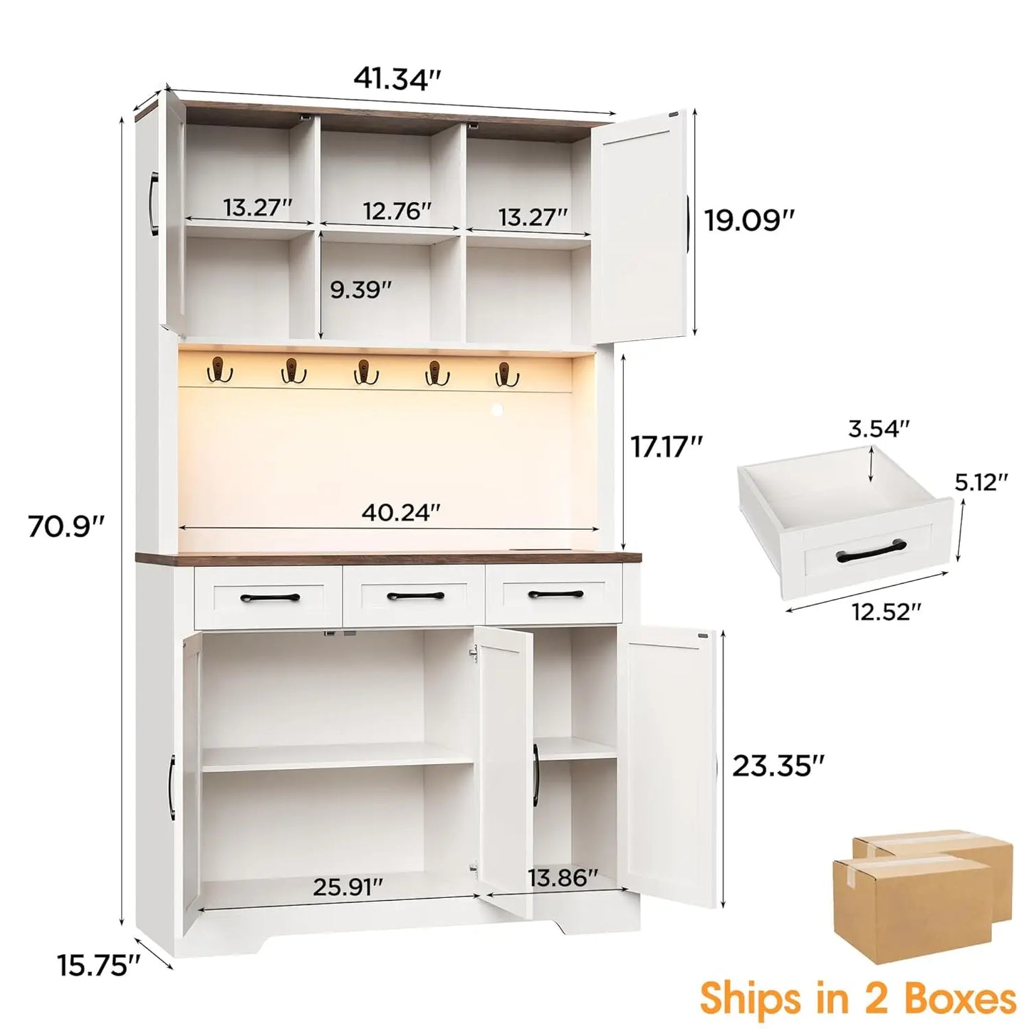 70.9" Tall Kitchen Pantry Cabinet with LED Light & Charging Station, Farmhouse Kitchen Hutch with Large Countertop & 10, Custom
