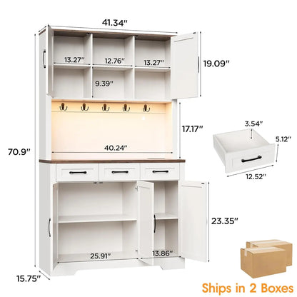 70.9" Tall Kitchen Pantry Cabinet with LED Light & Charging Station, Farmhouse Kitchen Hutch with Large Countertop & 10, Custom