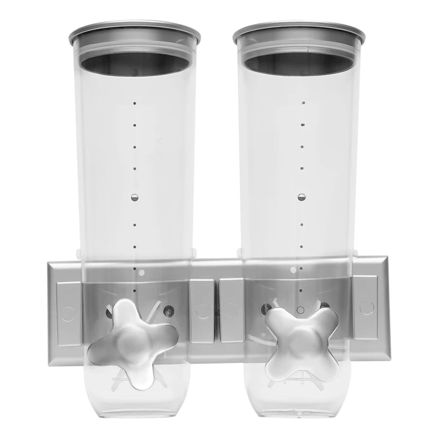 Wall-mounted 2 Barrel Cereal Dispenser, Food Grain Storage Tanks, Cereal Distributor with 2 Cups, Coffee Beans Rice Container