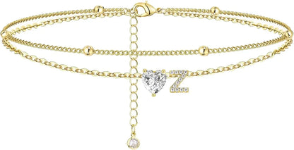 Waterproof cz Ankle Bracelets for Women  14K Gold Plated CZ Initial Dainty Layered Heart Anklets Foot Chain Summer Beach Jewelry