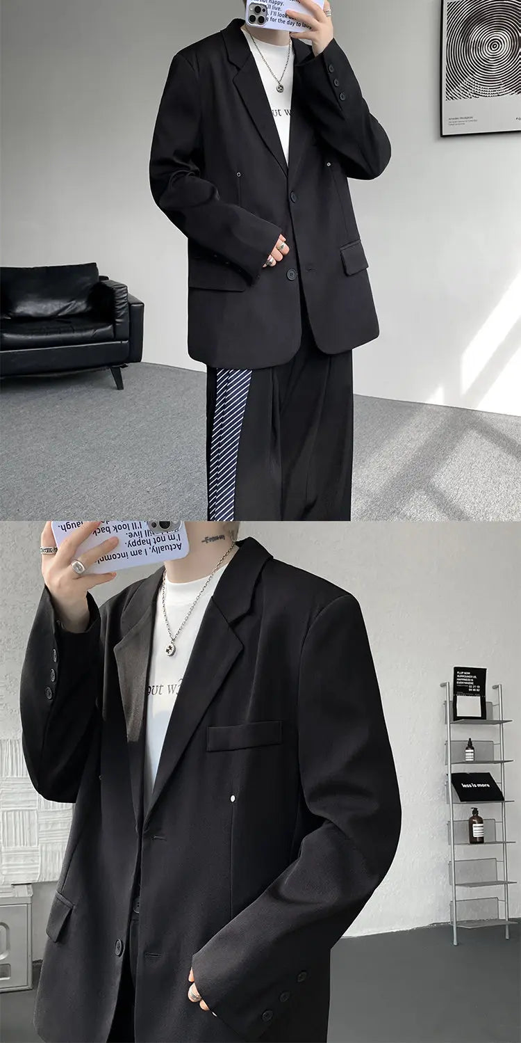 Casual suit set Men Loose fitting 2 piece suit Shoulder pads Trend Streetwear Korean 2025 NEW suit jacker+suit pants