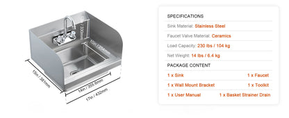 SucceBuy Commercial Hand Sink with Faucet and Side Splash Stainless Steel Sink for Washing Wall Mount Hand Basin for Restaurant