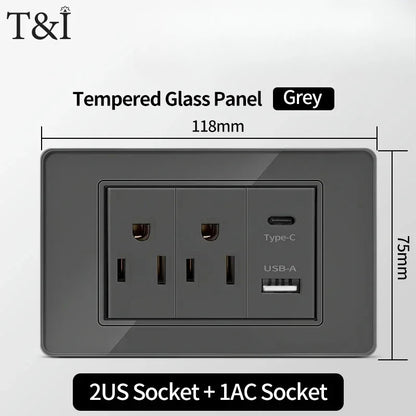 118*75mm TEMPERED GLASS SWITCH PANEL Wall Socket with USB Type - C, Grey US Switch, Thai Plug for Home & Office Use