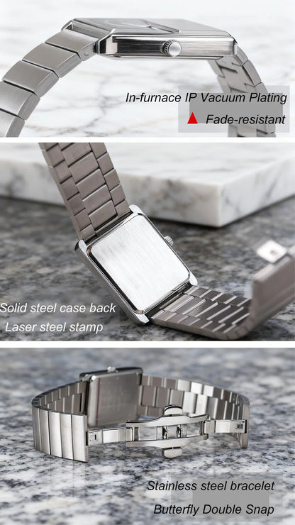 Square Sports Watch for Men Silver Stainless Steel Strap Luxury Brand New in Men's Watches High Quality Gifts Quartz Watch