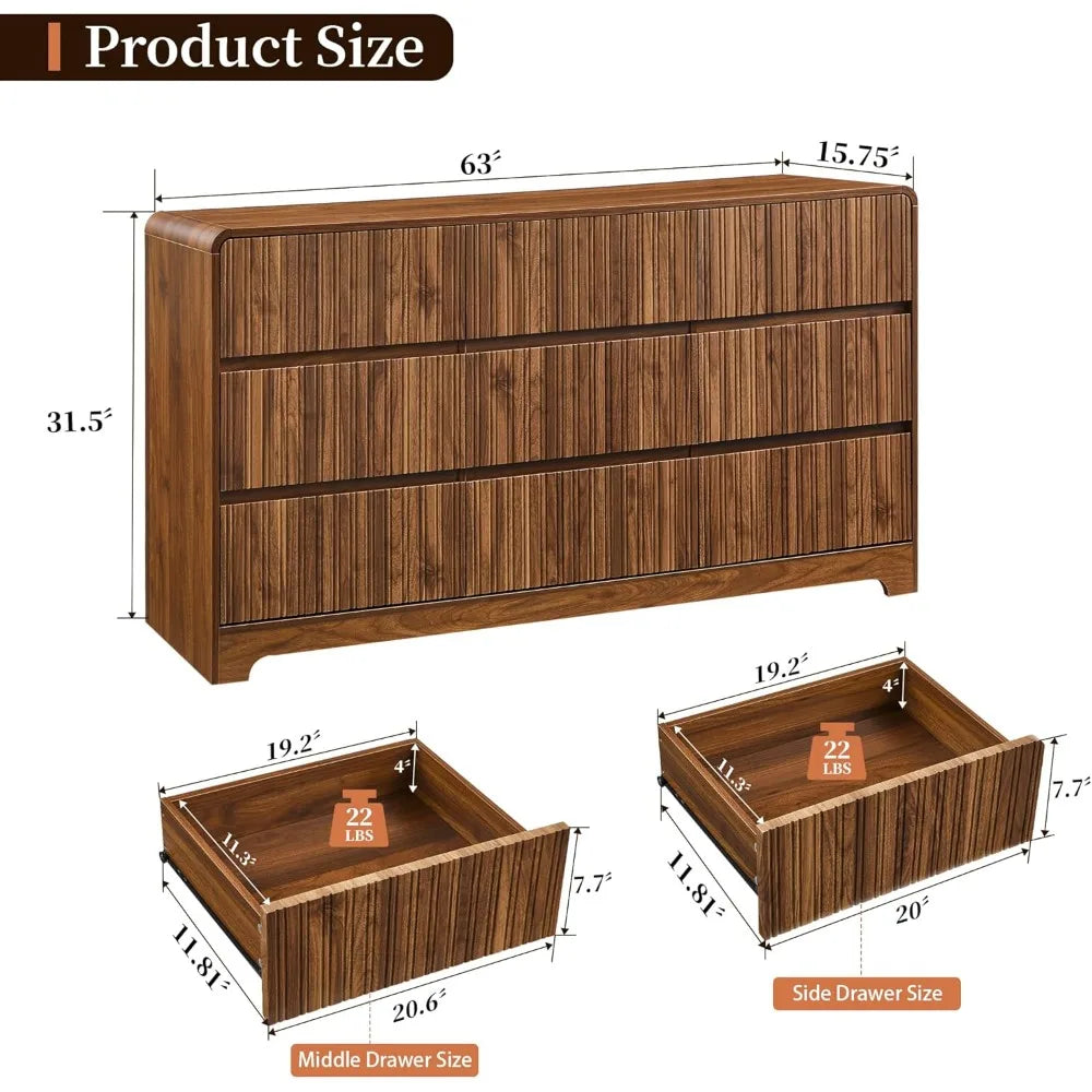 Fluted Dresser for Bedroom with 9 Drawers,63" Wide Modern Chest of Drawers with Curved Profile & Deep Drawer, Customized