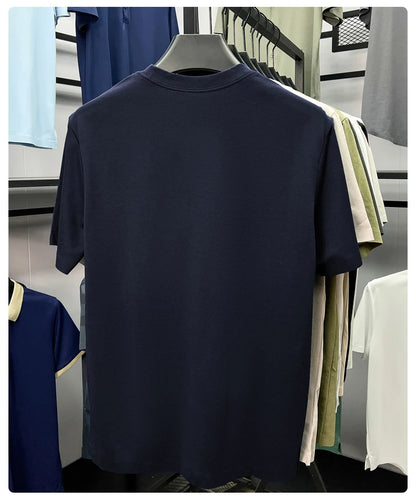 High quality luxury short sleeve T-shirt summer breathable cool silk cotton fashion solid color round neck top casual men's wear