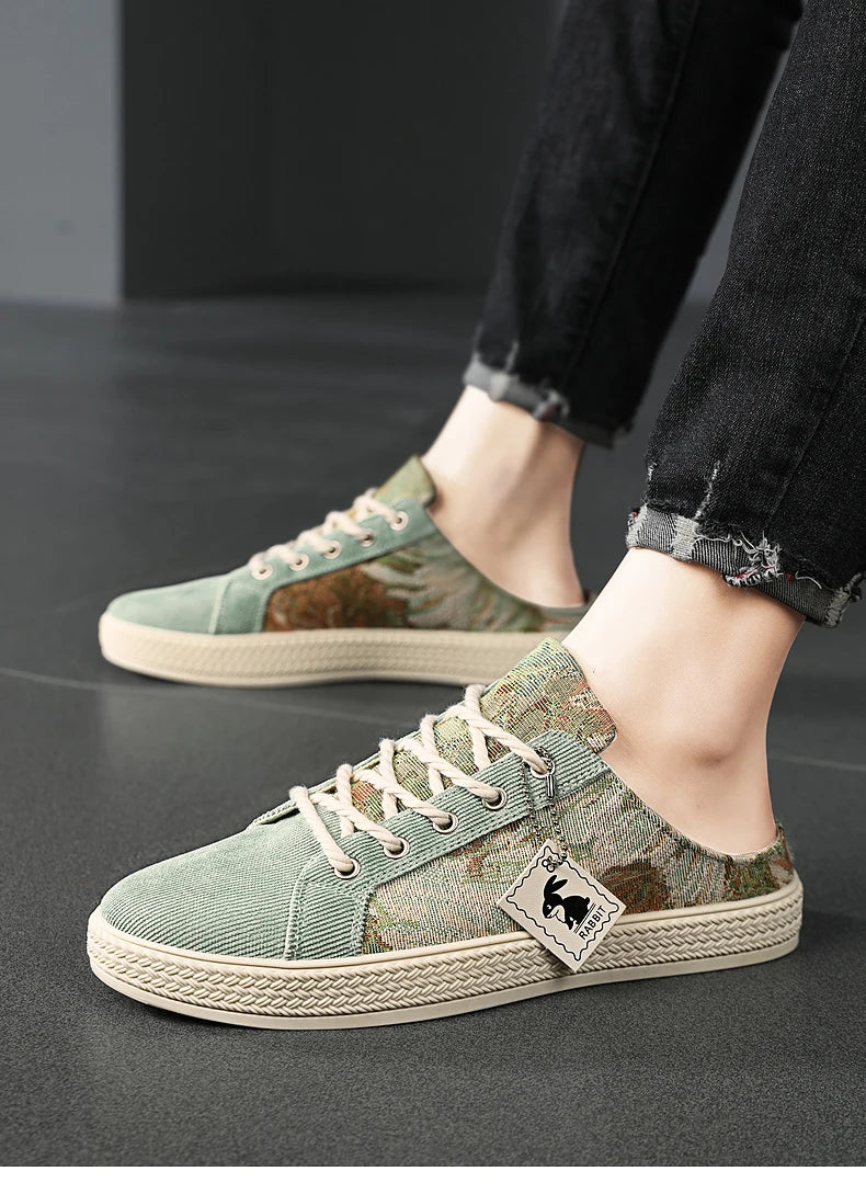 Men's canvas slippers summer new breathable outdoor soft-sole casual slippers party sandals Joker tide half slippers cloth shoes