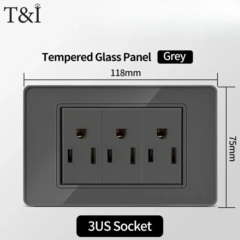 118*75mm TEMPERED GLASS SWITCH PANEL Wall Socket with USB Type - C, Grey US Switch, Thai Plug for Home & Office Use