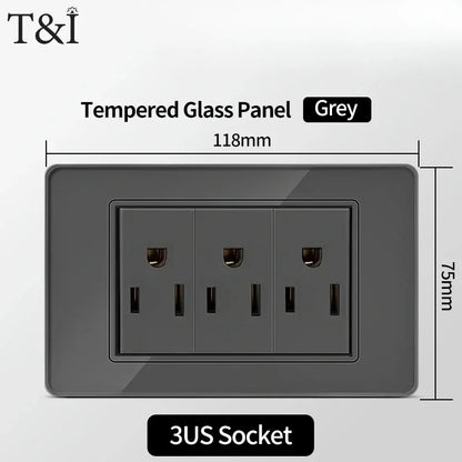 118*75mm TEMPERED GLASS SWITCH PANEL Wall Socket with USB Type - C, Grey US Switch, Thai Plug for Home & Office Use