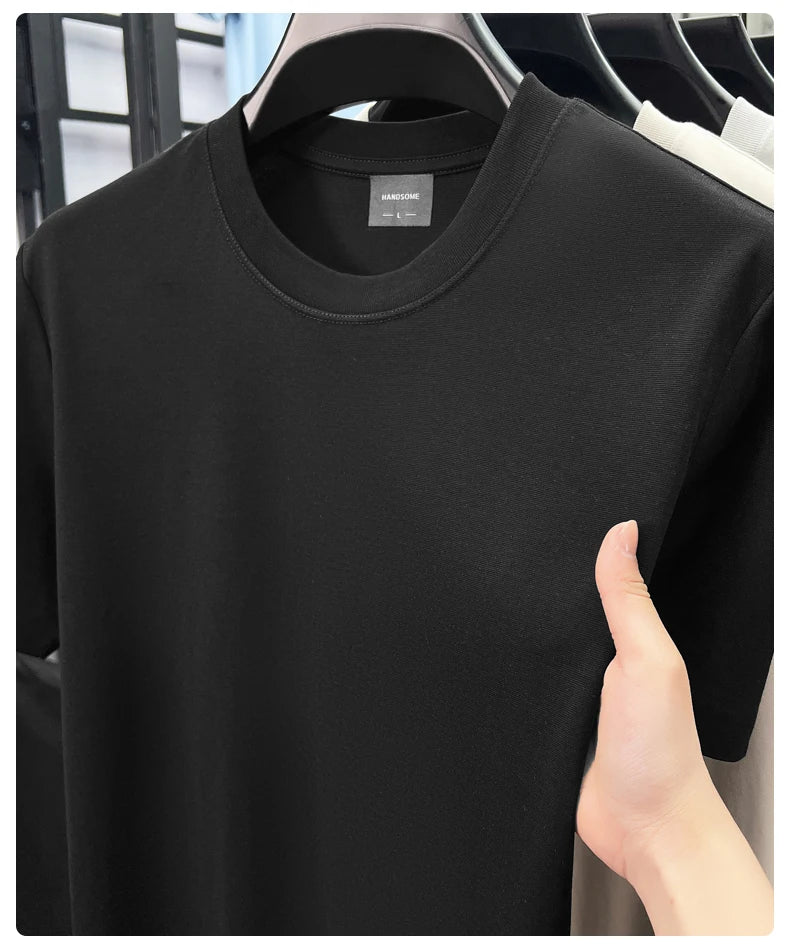 High quality luxury short sleeve T-shirt summer breathable cool silk cotton fashion solid color round neck top casual men's wear