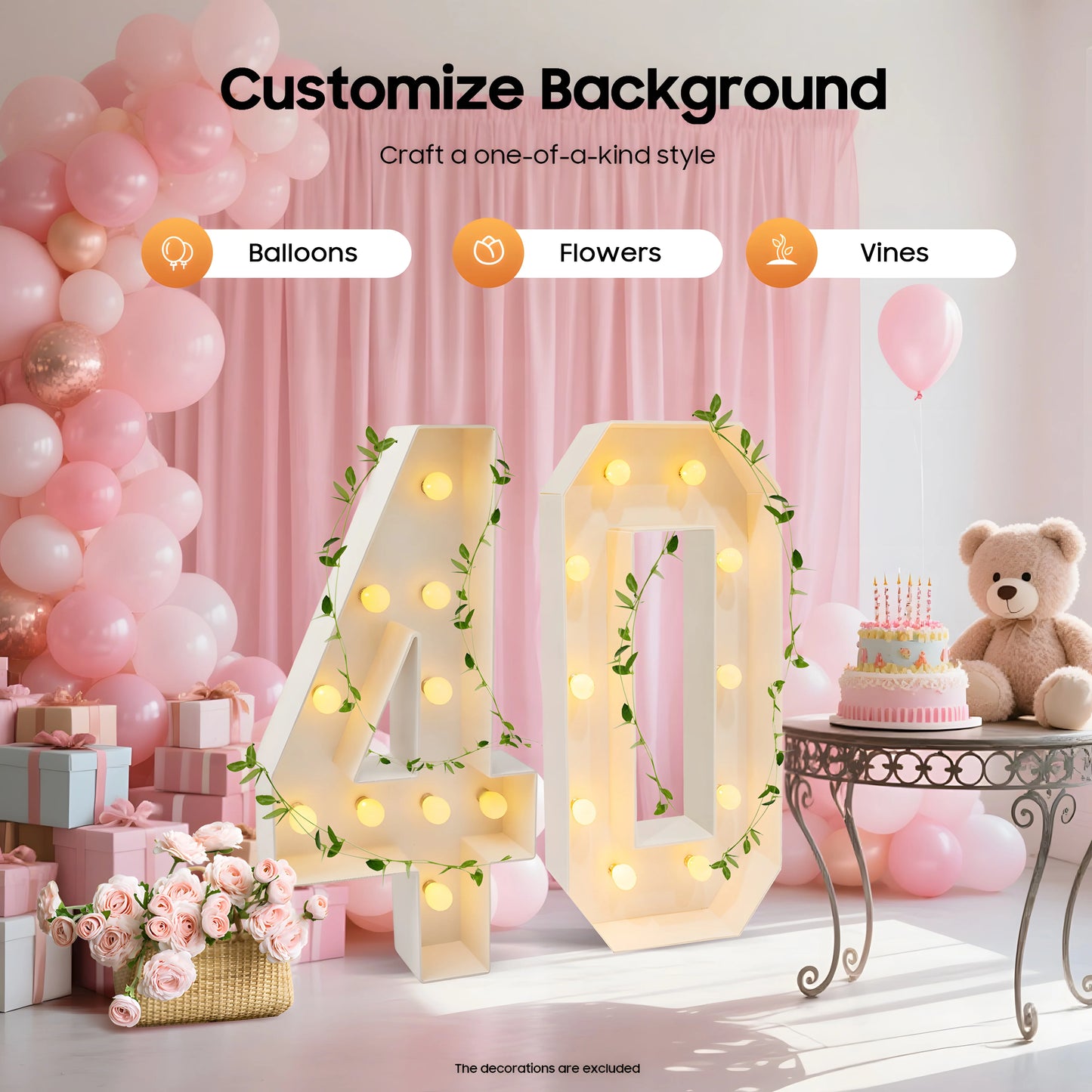 40 Light Up Numbers Battery Powered Warm White LED Big Birthday Anniversary Decor for Party Backdrop Indoor 39.37 Inch