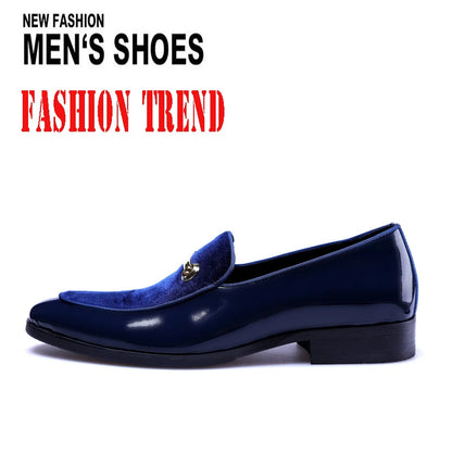 Mens Formal Navy Blue Velvet Patent Leather Loafers With Gold Horsebit Accent Flat Heel Comfortable Non Slip Breathable Business