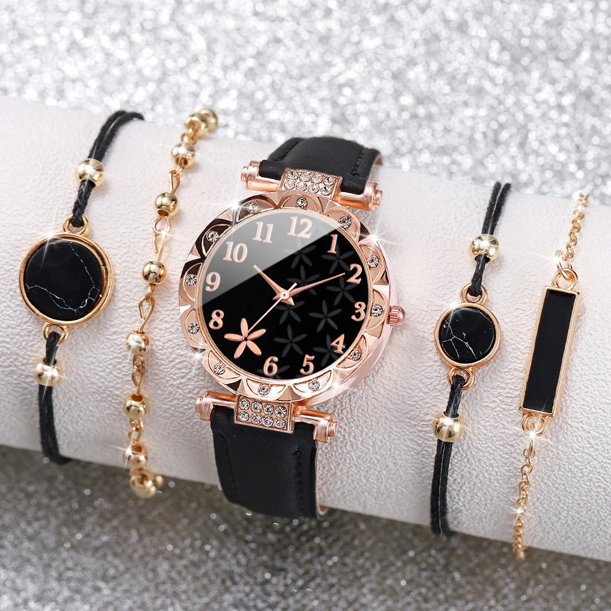 5/6PCS Fashion Rhinestone Women Watches Casual Leather Band Quartz Watch for Women Clock Jewelry Set Reloj Mujer（Without Box）