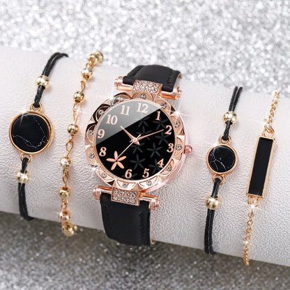 5/6PCS Fashion Rhinestone Women Watches Casual Leather Band Quartz Watch for Women Clock Jewelry Set Reloj Mujer（Without Box）