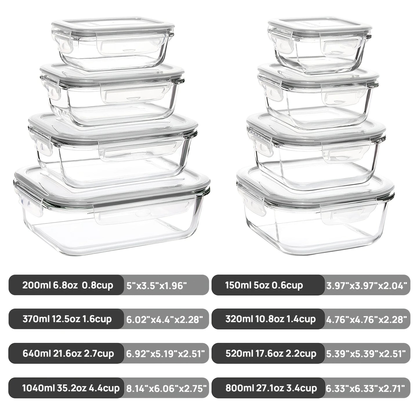 8-piece set of glass food storage containers, leak-proof sealed LIDS, BPA-free, non-toxic transparent borosilicate