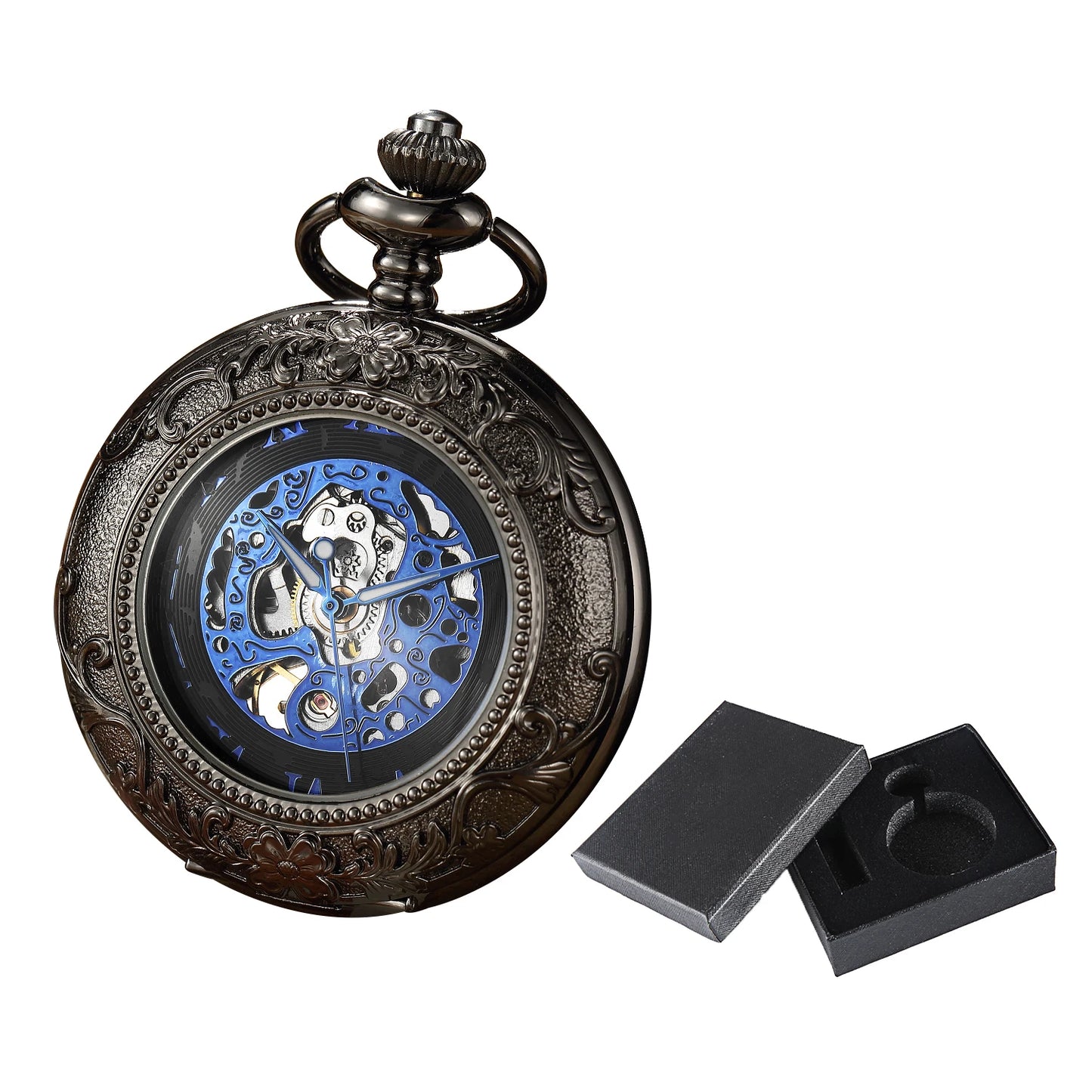Vintage Skeleton Mechanical Pocket Watch Engraved Floral Design Hand Wind Fob Watch With Chain For Men Women Luxury Antique Gift