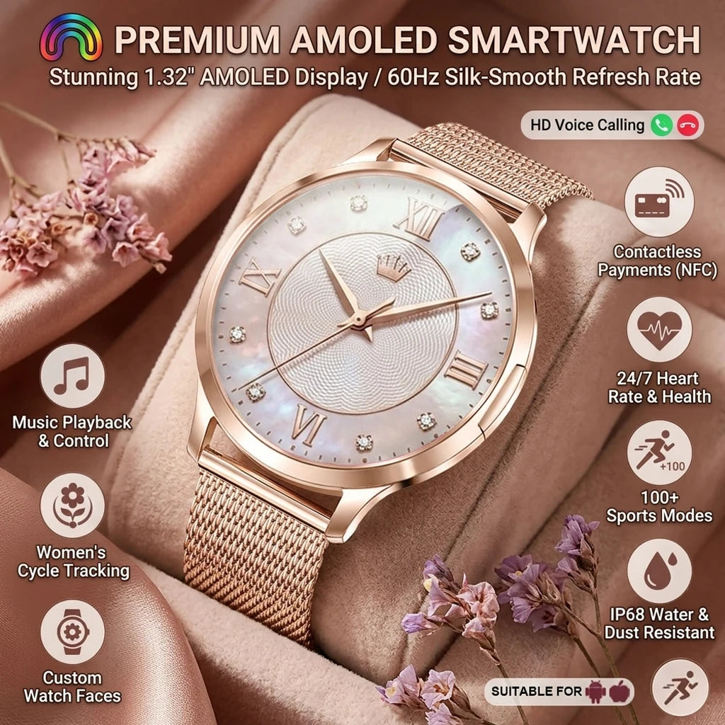 2026New Ultra-thin Women Smart Watch HD AMOLED Full Touch Screen Bluetooth Call Blood Pressure IP68 Waterproof NFC 7.3mm bracele