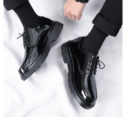 Mens Black Patent Leather Perforated Lace Up Chunky Platform Oxford Shoes Breathable Casual Business Formal Summer Dress Shoes