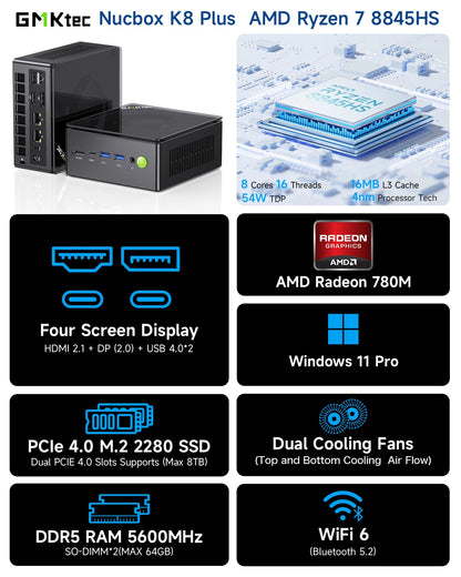 GMKtec K8 Plus Mini PC AMD R7-8845HS NUCBOX Window 11 Pro AMD Radeon™ 780M Oculink*1（PCIE GEN4*4)） DDR5 5600MHz