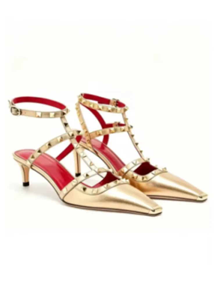 Summer Square Headed Rivet High-heeled Women's Sandals, Fashionable and Sexy Women's Party T-table Women's Plus Size Sandals