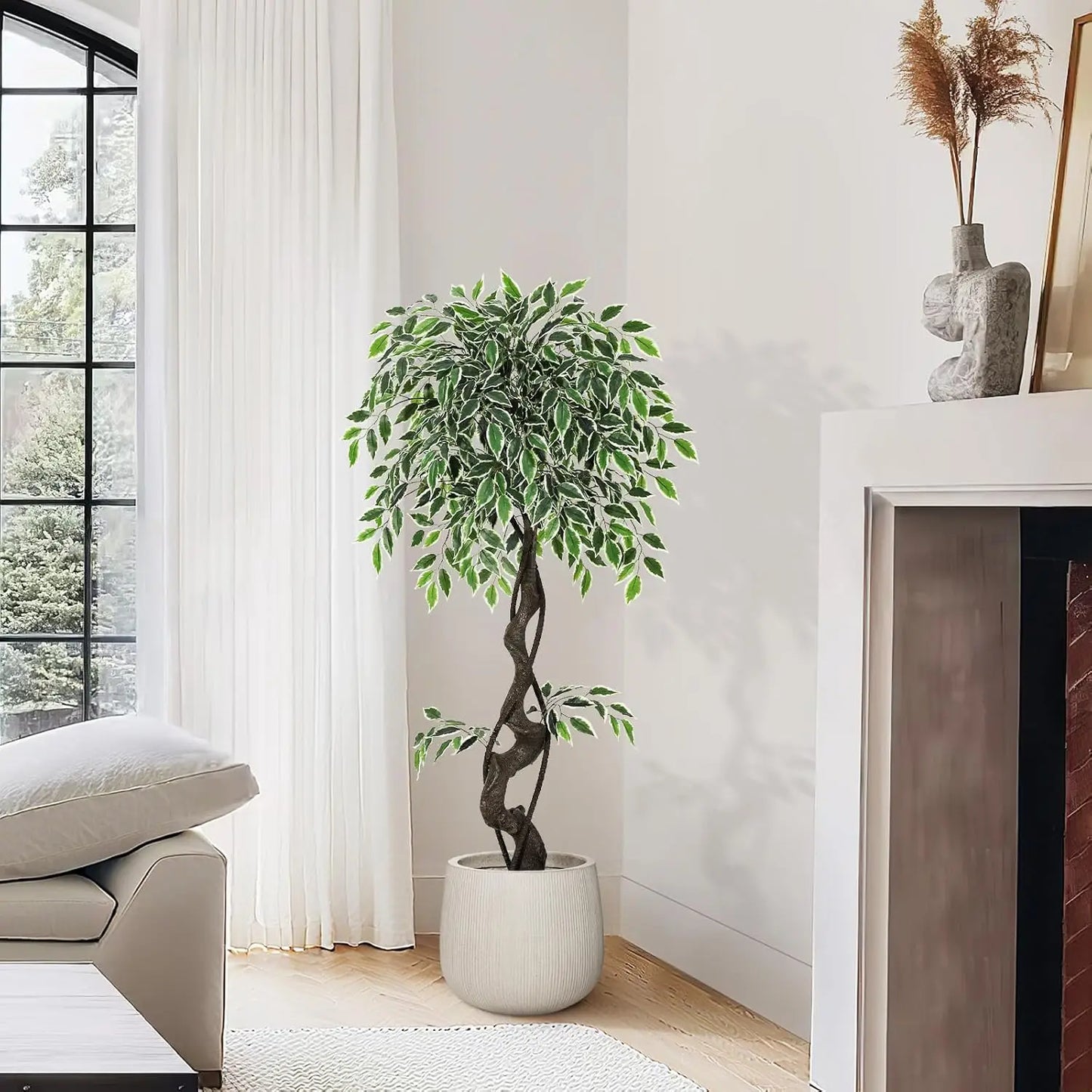 Artificial Ficus Tree Indoor Outdoor Fake Ficus Tree with Pebbles & Green Fake Moss, Pot Faux Tree for Office Home Decor