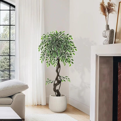 Artificial Ficus Tree Indoor Outdoor Fake Ficus Tree with Pebbles & Green Fake Moss, Pot Faux Tree for Office Home Decor