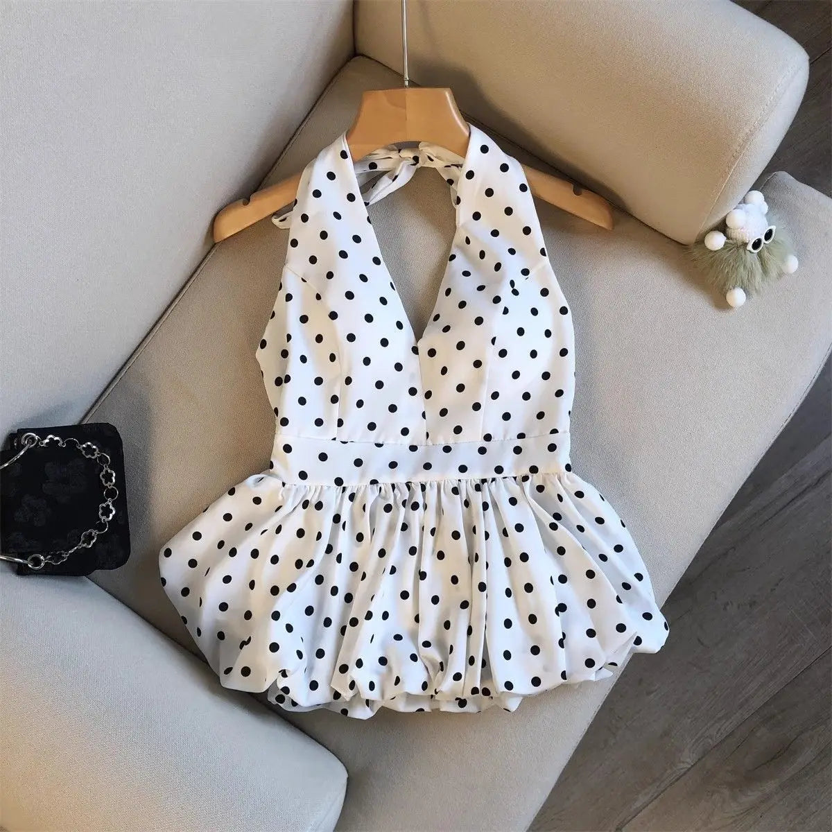 Backless Sexy Halter Beach Babydoll Crop Tops Women Polka Dots V Neck Sleeveless T Shirt Ruffles Basic Tees Not-Padded Pad
