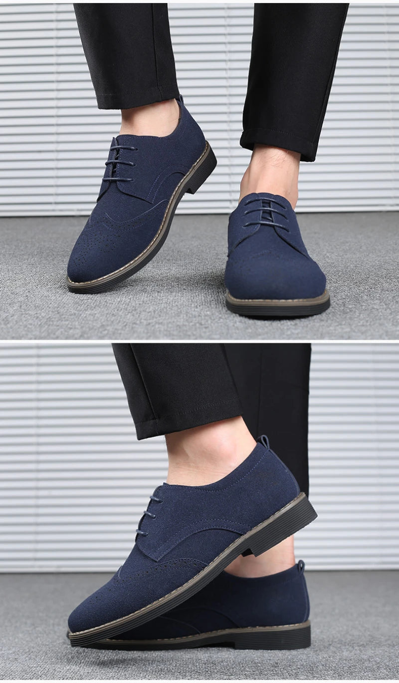 Mens Navy Blue Suede Wingtip Derby Shoes Classic Lace Up Formal Casual Dress Shoes For Business Wedding Office Wear British