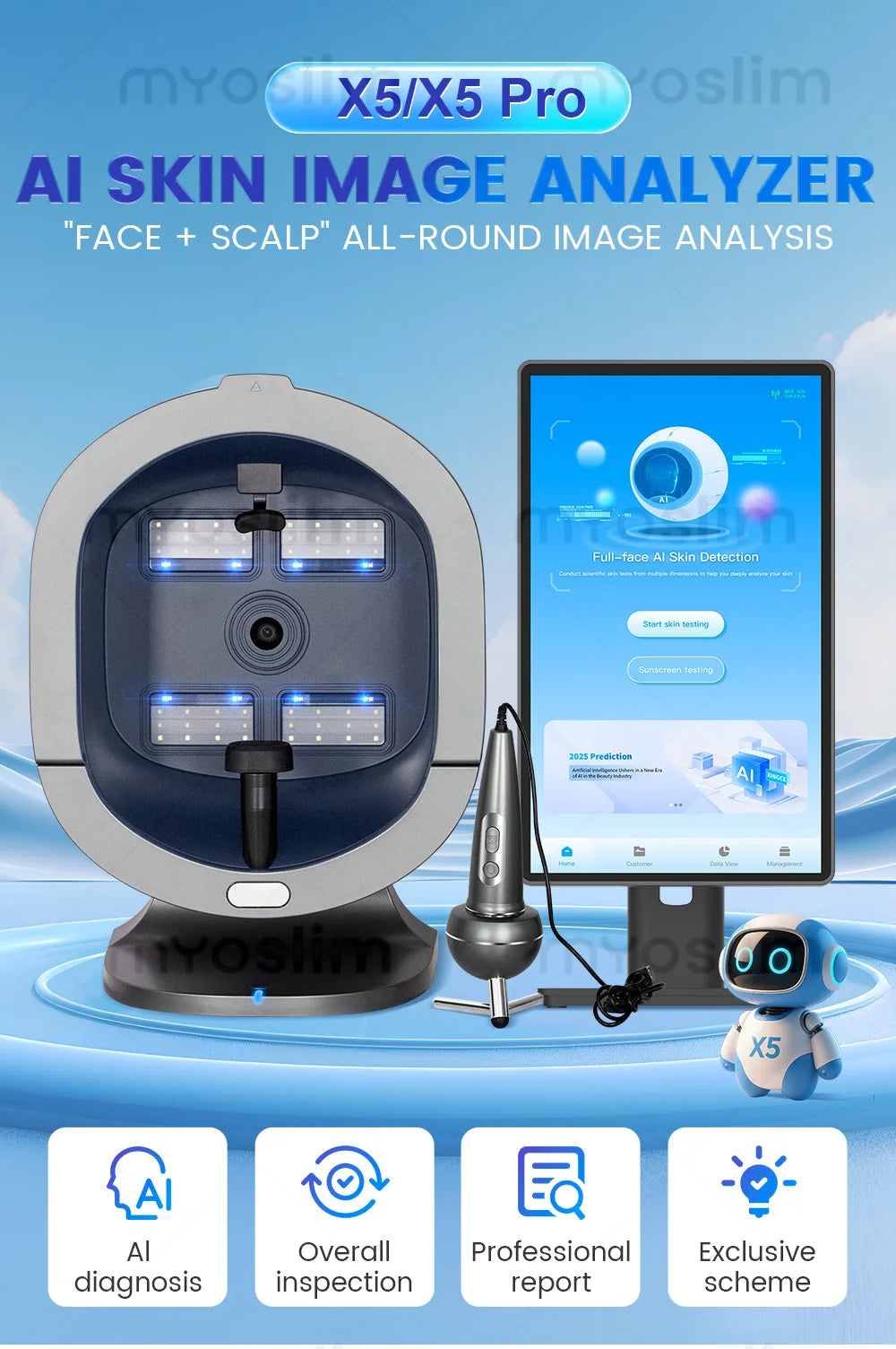 21.5 Inch X5 Facial Skin Analyzer, 3D AI Hair Scanner, 8 Spectrum Light, Beauty Analysis Machine for Salon Care