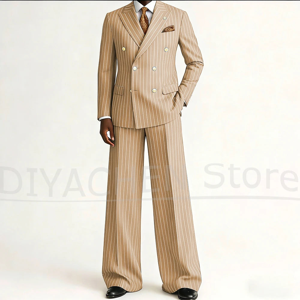 Men's Striped Double Breasted Suit Set Fashion Peak Lapel Formal Outfits 2 Piece Wedding Business Events Casual Male Suit