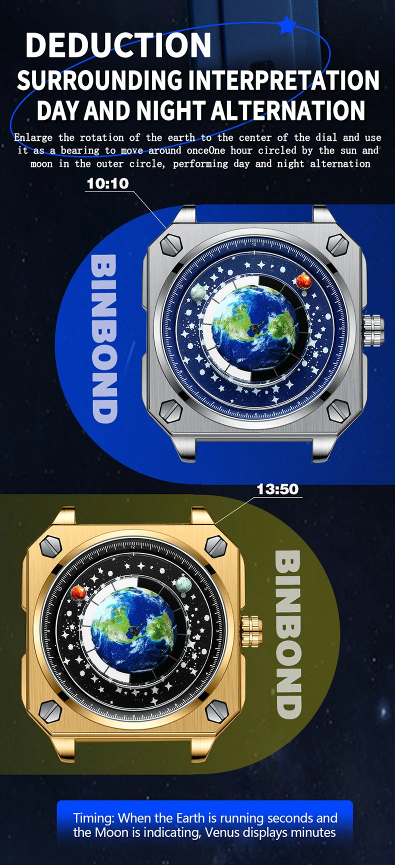 BINBOND Earth&Star Cool Quartz Wristwatches for Men Luminous Waterproof Precise Sports Men's Watch Durable Casual Reloj