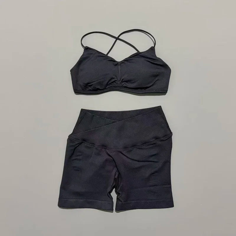 2Pcs HISTELLO Vision Sports Set Strappy Seamless Bra Scrunch Butt Lifting Stretch Breathable Gym Fitness Pilates Workout Sets