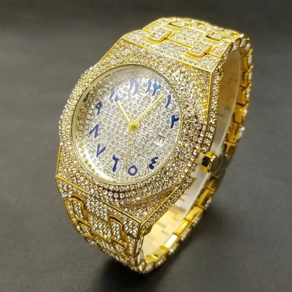 New Arab Number Brand Watch For Men Luxury Fully Diamond Bling Mens Quartz Watches Fashion Iced Out Silver Waterproof Male Clock