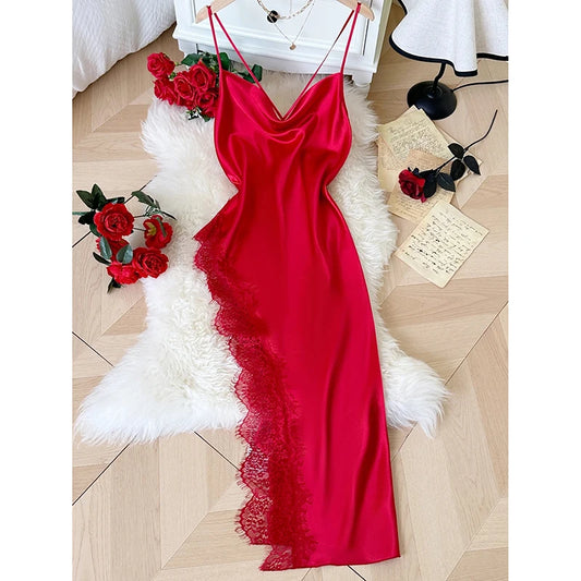 Sexy Lace Patchwork Pajamas Comfortable And Casual Long And Comfortable Women's Nightgown