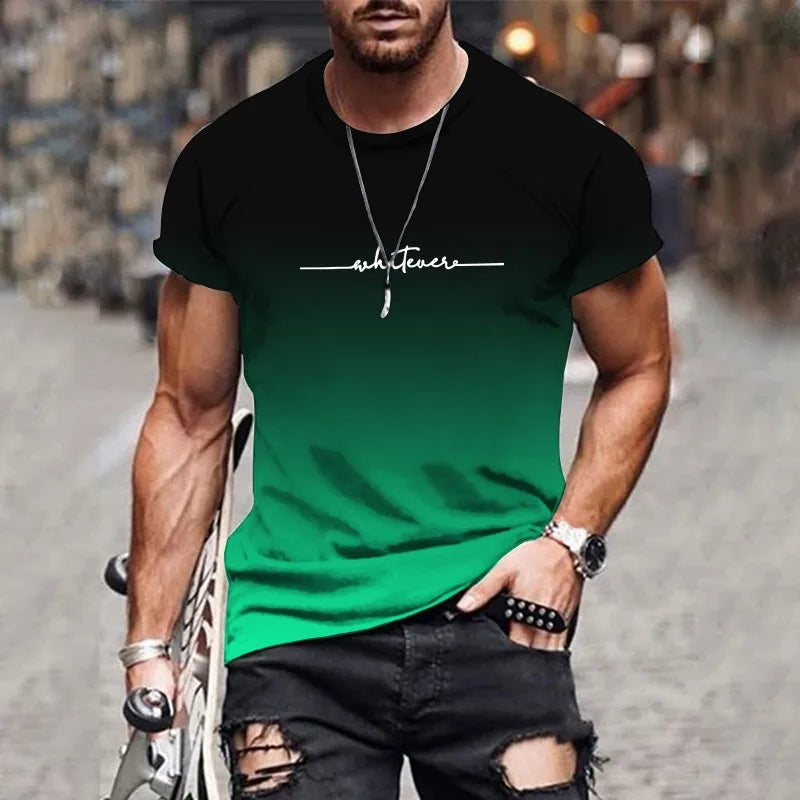 Trend gradient fashion printing 2024 new casual loose short-sleeved men's 3D digital printing T-shirt round neck loose version