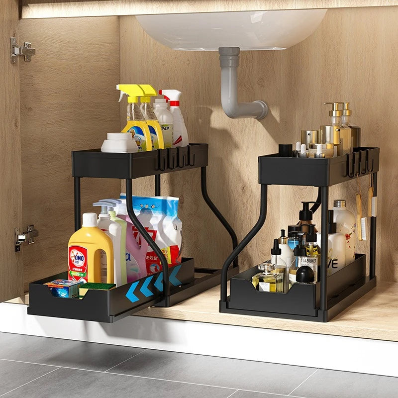 Double Layer Sliding Under Sink Storage Rack with Hanging Hooks Multifunctional Kitchen Bathroom Cabinet Organizer Rack
