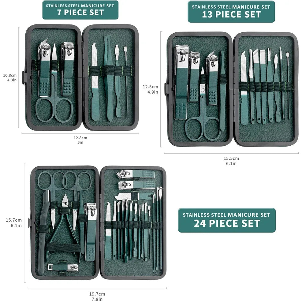 Nail clipper set, home nail clippers, dark green 7-24piece set, pedicure, exfoliation and nail care tools