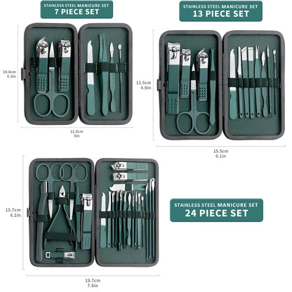 Nail clipper set, home nail clippers, dark green 7-24piece set, pedicure, exfoliation and nail care tools