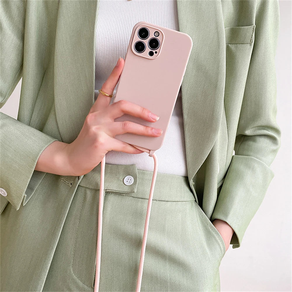 Crossbody Necklace Lanyard Cord Strap Liquid Silicone Case For iPhone 17 16 15 13 11 12 14 Pro Max XS XR X Plus Soft Candy Cover