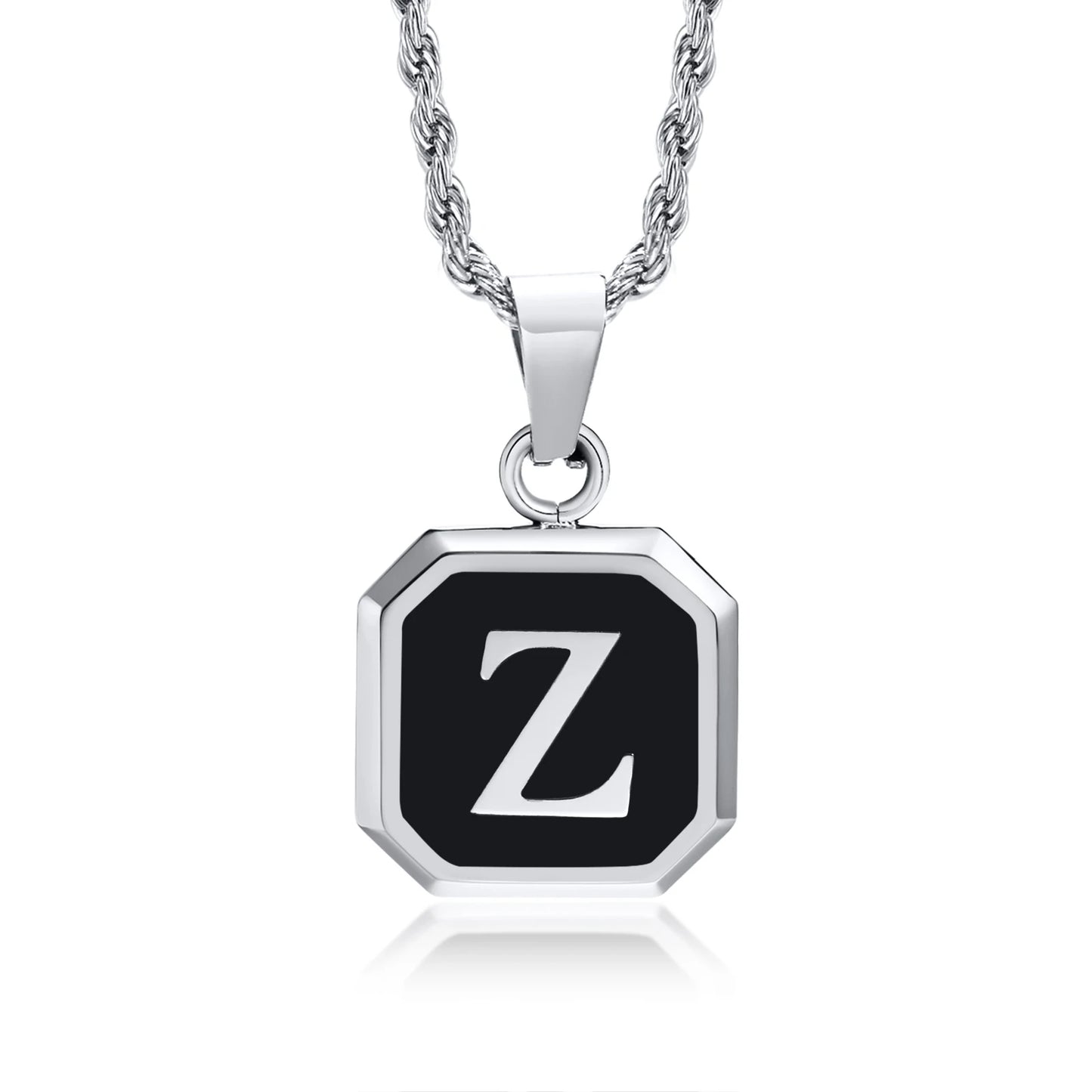 Initials Necklaces for Men Women,A-Z 26 Letters Black Square Stainless Steel Pendant Collar,45-60CM Twisted Rope Chain Gifts