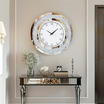 Silver,Tawny Tinted Round Mirror ,24inch Crystal Sparkle Twinkle Bling Crush Diamond Large Mirrored Wall Clock for Living Room