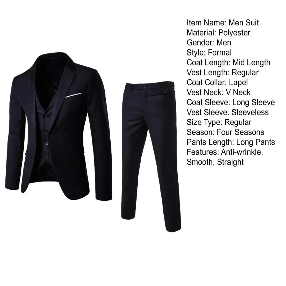 Men Three piece Suit Formal Business Suit Pants Set Solid Color Slim Fit Turn down Collar Anti wrinkle Groom Wedding Suit