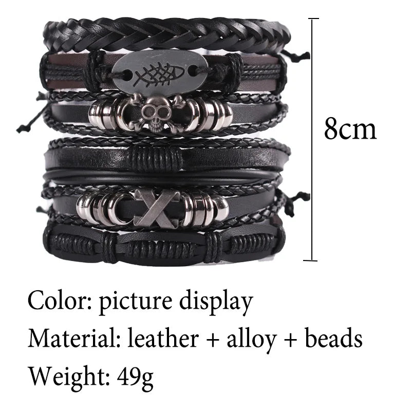 Fashion Bracelet Viking  Bracelet For Men Hand Bracelets Woven Skull Hand Jewelry Adjustable Leather Set viking man bracelet