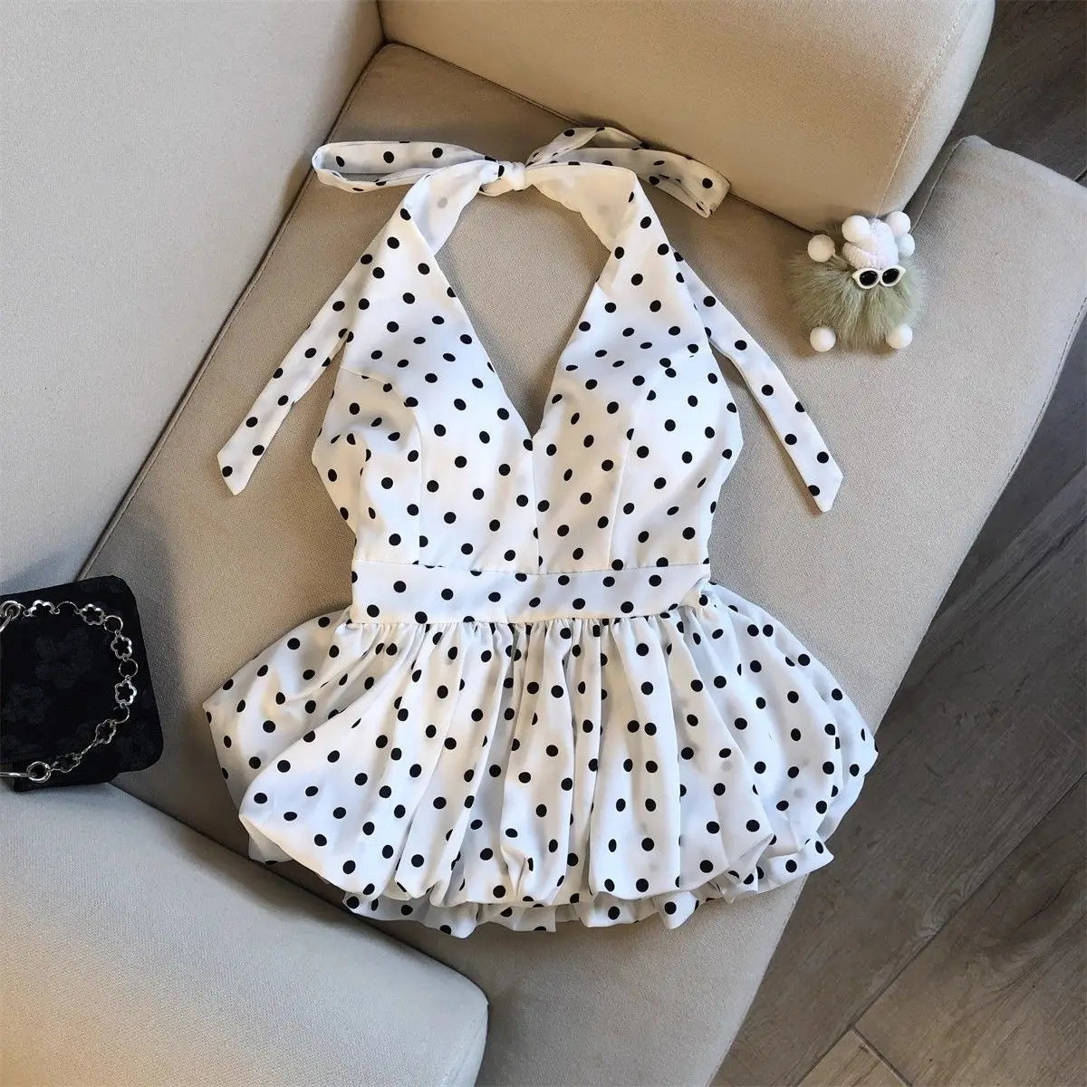 Backless Sexy Halter Beach Babydoll Crop Tops Women Polka Dots V Neck Sleeveless T Shirt Ruffles Basic Tees Not-Padded Pad