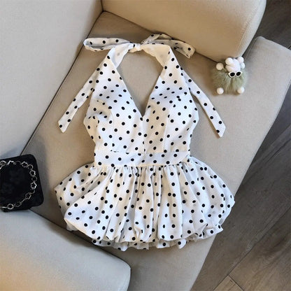 Backless Sexy Halter Beach Babydoll Crop Tops Women Polka Dots V Neck Sleeveless T Shirt Ruffles Basic Tees Not-Padded Pad