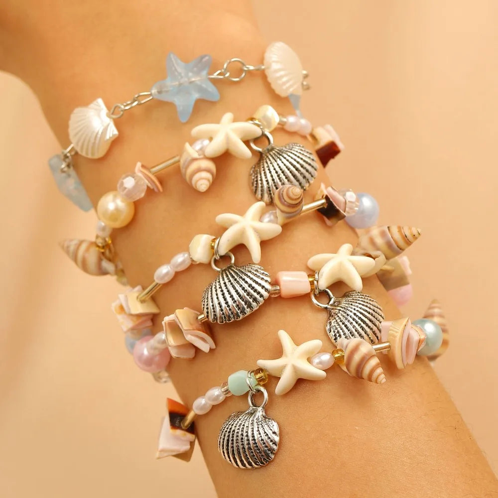 Bohemia Fashion Colorful Natural Stone Shells Starfish Conch Splicing Beaded Bracelet for Women Summer Beach Ocean Jewelry Gifts