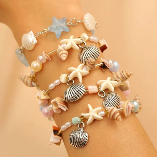 Bohemia Fashion Colorful Natural Stone Shells Starfish Conch Splicing Beaded Bracelet for Women Summer Beach Ocean Jewelry Gifts